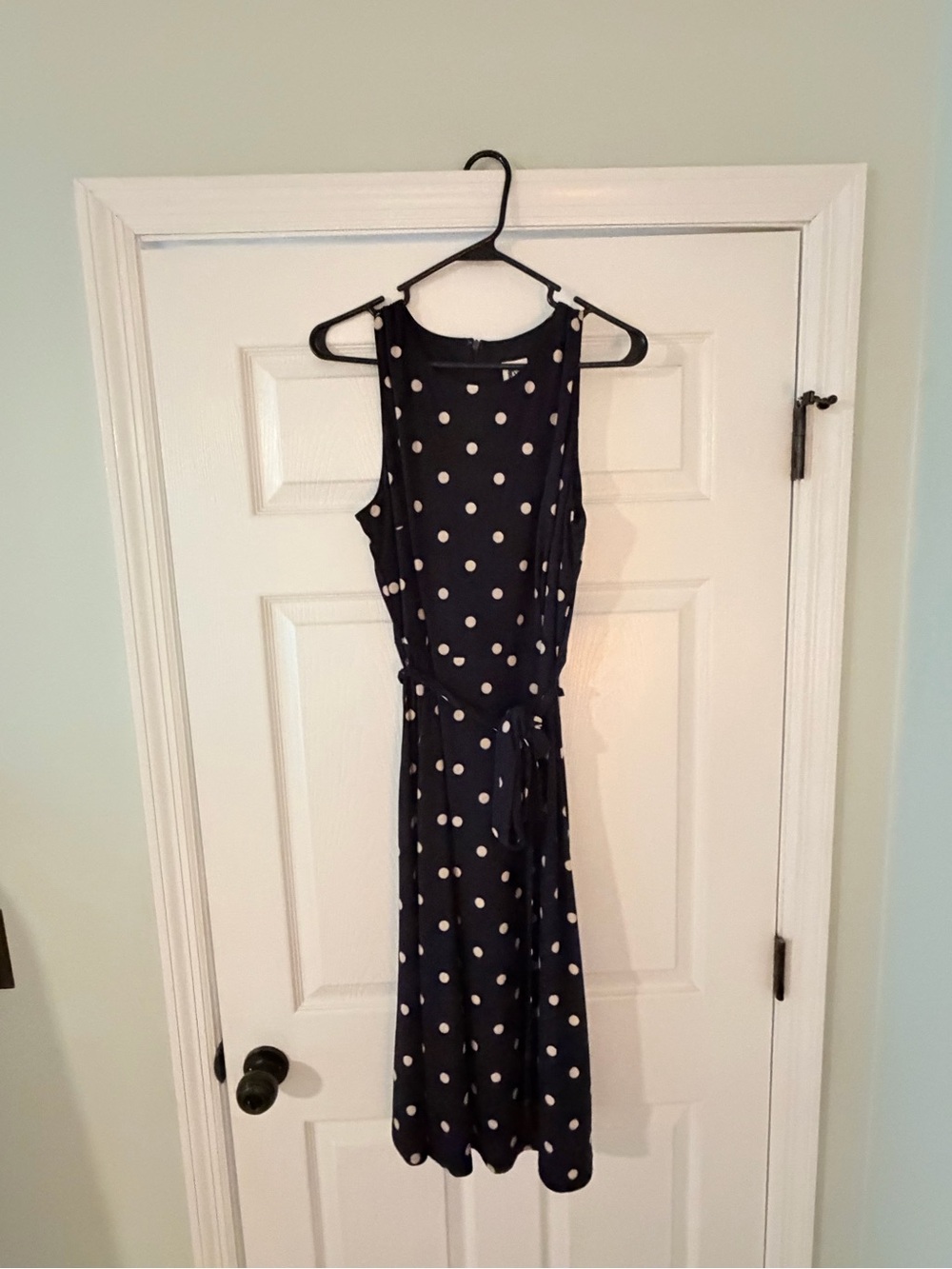 Anne Klein Navy and White Polka Dot Sleeveless Midi Dress